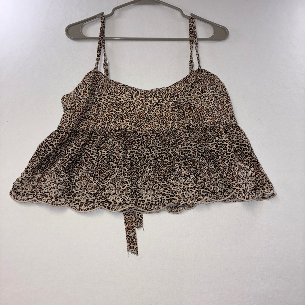 595 Boho American Eagle Cami Top M Brown Leopard Eyelet Embroidery Peplum
